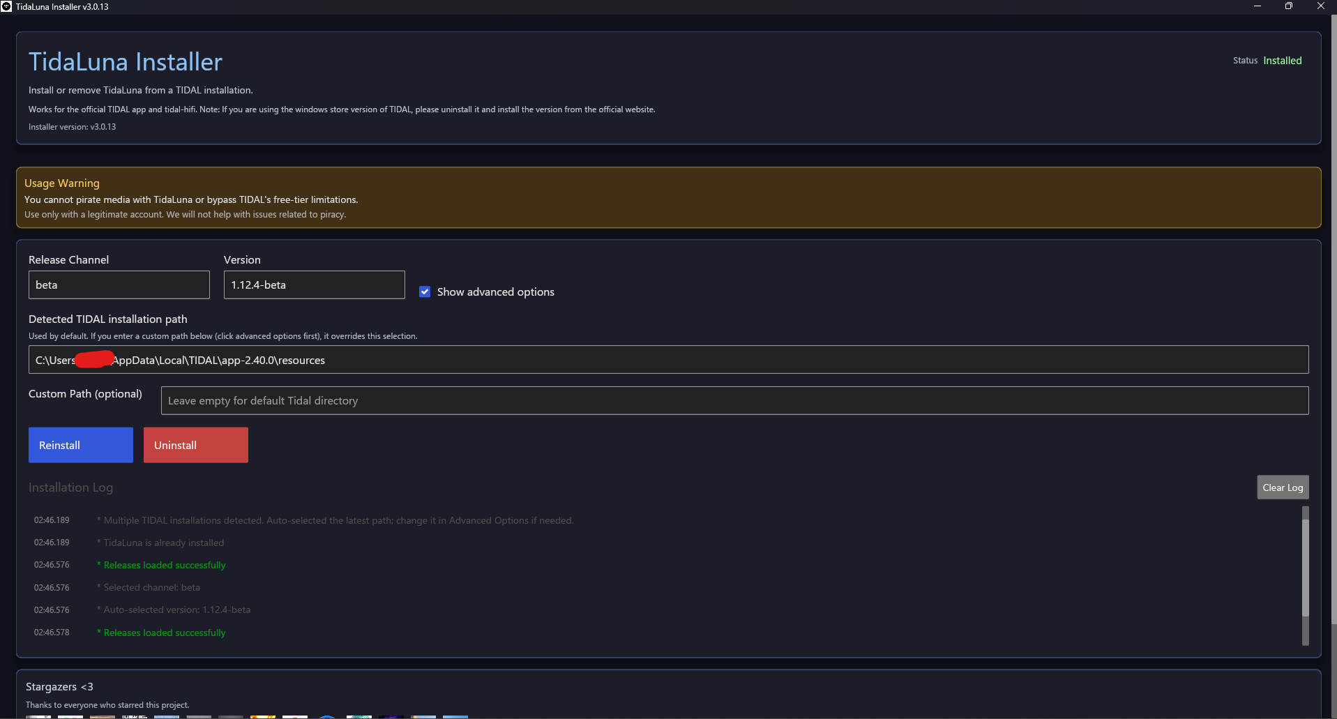 Installer advanced options